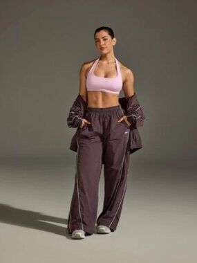 Oversized Piped Woven Straight Leg Track Bottoms Deep Umber Brown